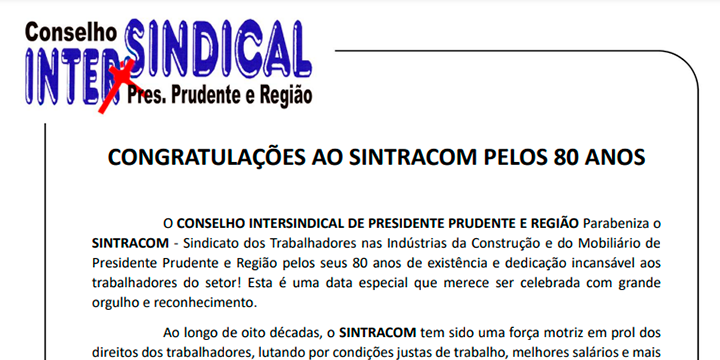 CONGRATULAÇÕES AO SINTRACOM PELOS 80 ANOS